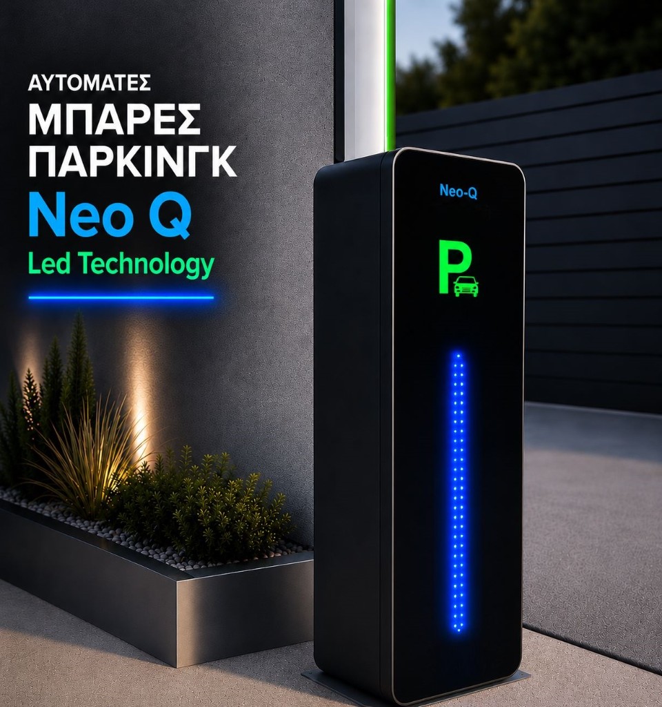 Αυτόματη μπάρα πάρκινγκ Neo-Q Led Technology — μαύρη κολώνα με πράσινη ένδειξη P και μπλε LED