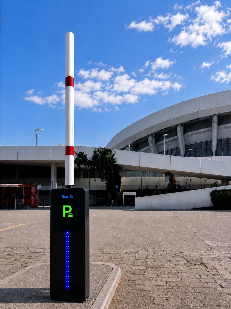 Σταθμός ελέγχου στάθμευσης Neo-Q σε υπαίθριο parking μπροστά από σύγχρονο κτίριο