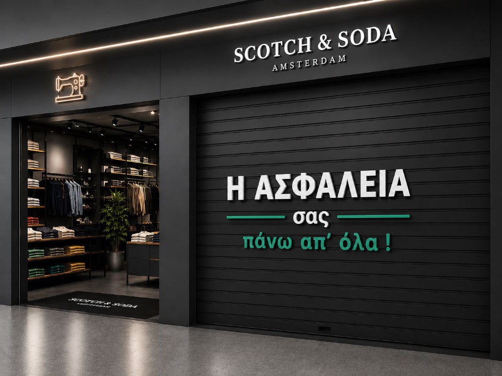Ρολό ασφαλείας Neo-Q σε πρόσοψη καταστήματος — κλειστό μαύρο ρολό προστασίας με μήνυμα ασφάλειας